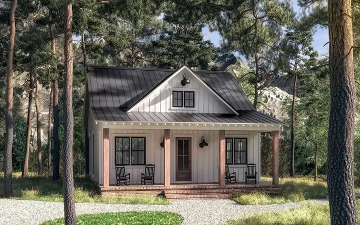 Country house plans 50-463 - front exterior, 960 sq ft, 2 bed, 1 bath house plans | Monster House Plans