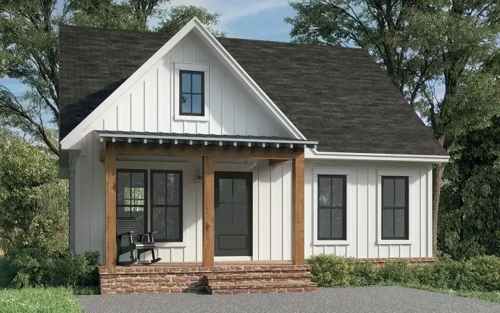 Farmhouse house plans 50-501 - front exterior, 981 sq ft, 2 bed, 2 bath house plans | Monster House Plans