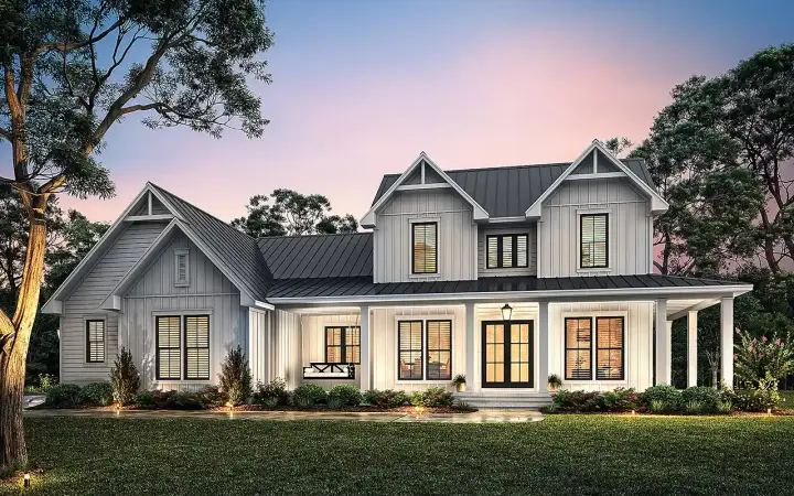 Farmhouse house plans 50-525 - front exterior, 2,392 sq ft, 4 bed, 3 bath house plans | Monster House Plans