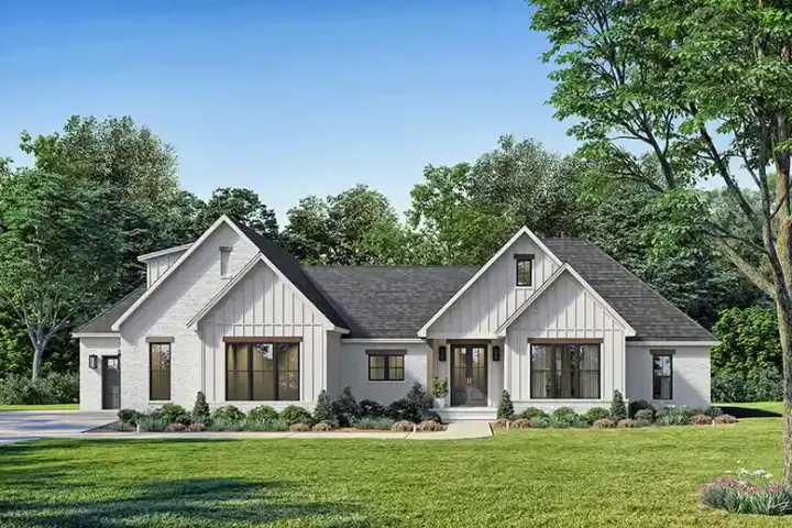 Modern Farmhouse house plans 50-607 - front exterior, 2,557 sq ft, 4 bed, 2 bath house plans | Monster House Plans