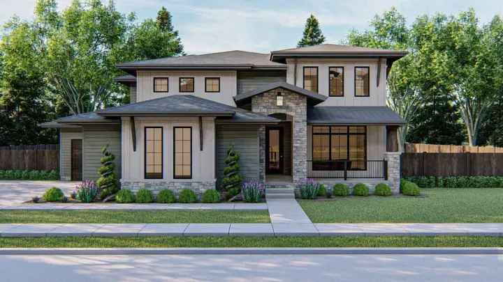 Prairie house plans 52-239 - front exterior, 3,156 sq ft, 4 bed, 3 bath house plans | Monster House Plans
