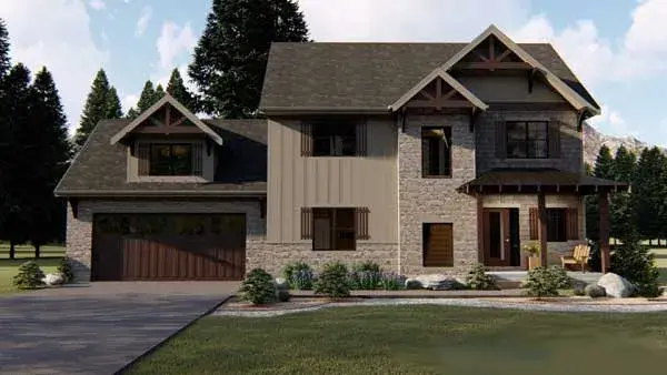 Mountain Rustic house plans 52-327 - front exterior, 1,910 sq ft, 3 bed, 2 bath house plans | Monster House Plans