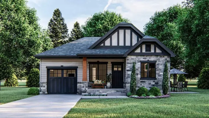 Bungalow house plans 52-347 - front exterior, 880 sq ft, 2 bed, 1 bath house plans | Monster House Plans