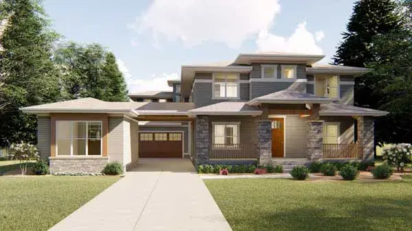 Prairie house plans 52-375 - front exterior, 3,755 sq ft, 4 bed, 3 bath house plans | Monster House Plans