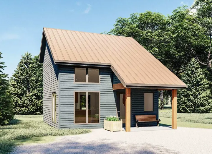 Contemporary house plans 52-473 - front exterior, 592 sq ft, 1 bed, 1 bath house plans | Monster House Plans