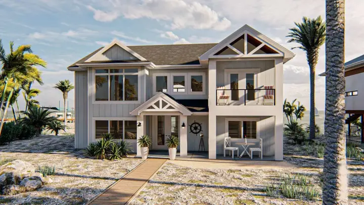 Beach house plans 52-488 - front exterior, 2,917 sq ft, 4 bed, 3 bath house plans | Monster House Plans
