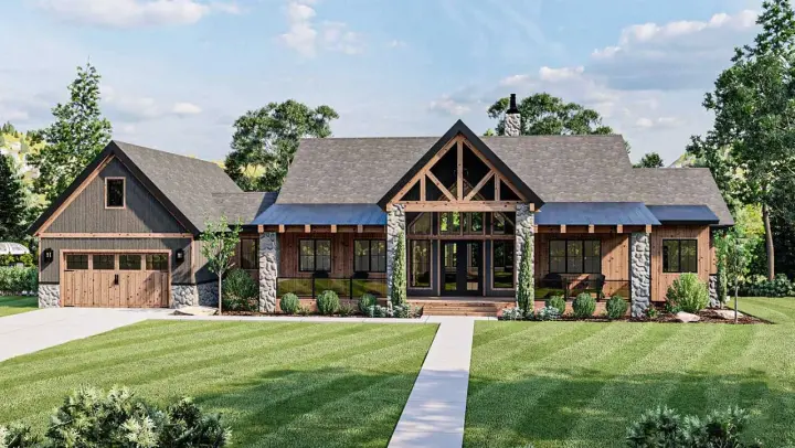 Mountain Rustic house plans 52-527 - front exterior, 3,016 sq ft, 2 bed, 2 bath house plans | Monster House Plans