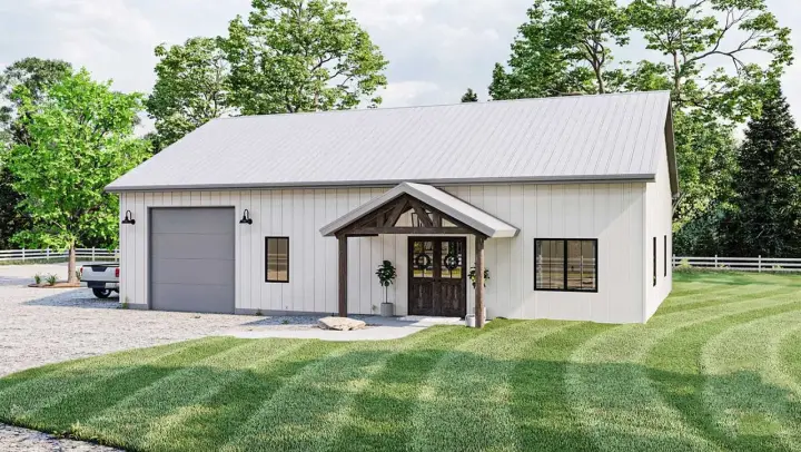 Barndominium house plans 52-535 - front exterior, 1,460 sq ft, 2 bed, 1 bath house plans | Monster House Plans