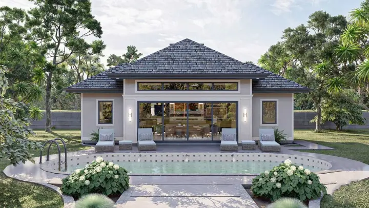 Contemporary house plans 52-577 - front exterior, 546 sq ft, 0 bed, 2 bath house plans | Monster House Plans