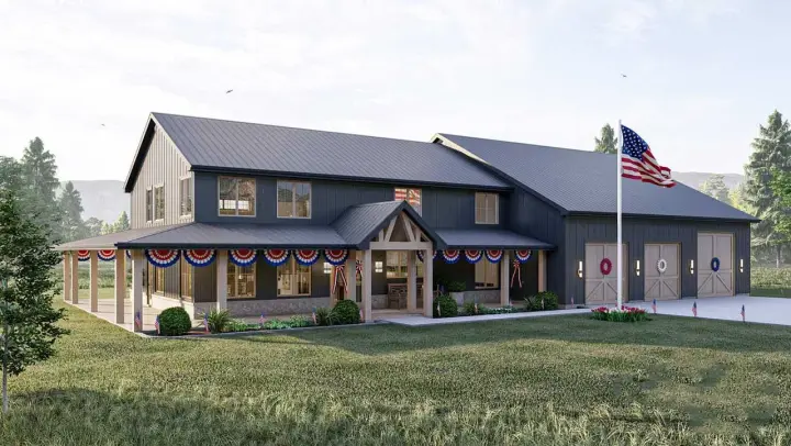 Barndominium house plans 52-602 - front exterior, 3,293 sq ft, 4 bed, 2 bath house plans | Monster House Plans