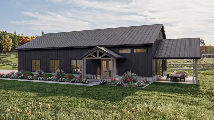 Barndominium house plans 52-611 - front exterior, 1,587 sq ft, 2 bed, 2 bath house plans | Monster House Plans
