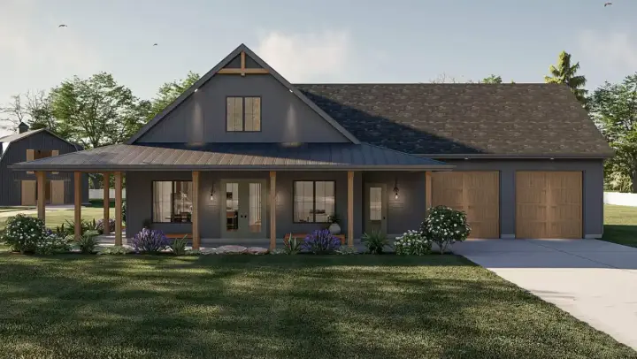 Barndominium house plans 52-653 - front exterior, 1,691 sq ft, 3 bed, 2 bath house plans | Monster House Plans