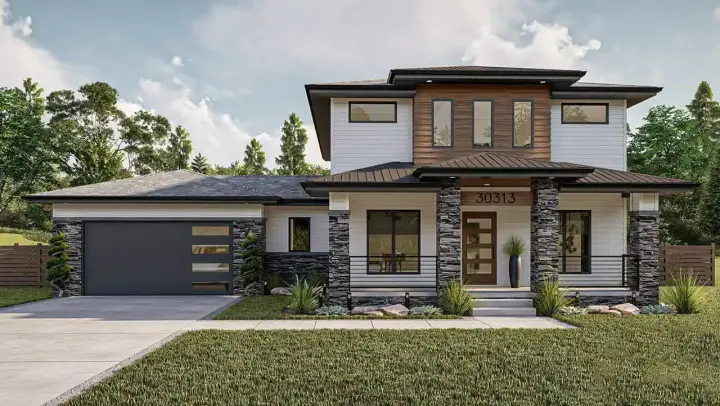Contemporary house plans 52-656 - front exterior, 2,219 sq ft, 3 bed, 2 bath house plans | Monster House Plans