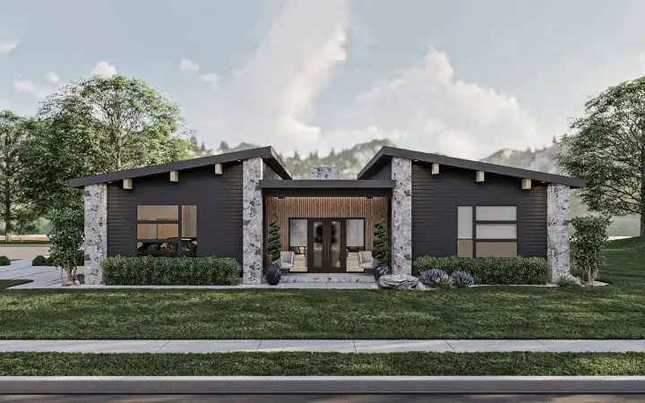 Contemporary house plans 52-658 - front exterior, 1,685 sq ft, 3 bed, 2 bath house plans | Monster House Plans