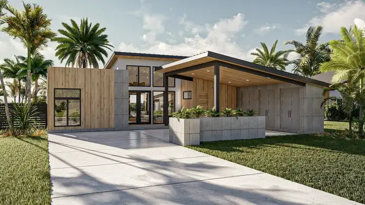 Contemporary house plans 52-670 - front exterior, 1,661 sq ft, 2 bed, 2 bath house plans | Monster House Plans