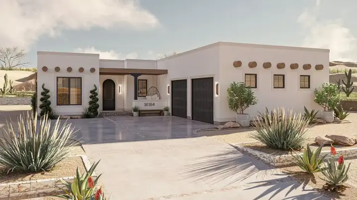 Santa Fe house plans 52-674 - front exterior, 1,873 sq ft, 3 bed, 2 bath house plans | Monster House Plans