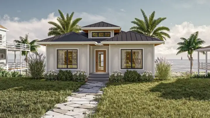Contemporary house plans 52-680 - front exterior, 1,140 sq ft, 2 bed, 1 bath house plans | Monster House Plans