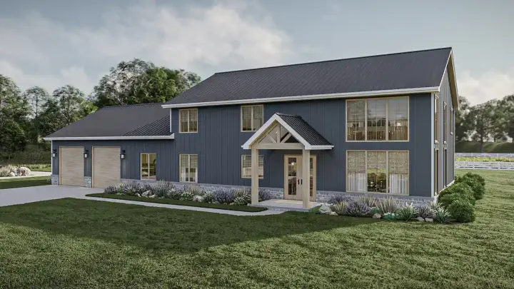 Barndominium house plans 52-683 - front exterior, 3,263 sq ft, 4 bed, 2 bath house plans | Monster House Plans