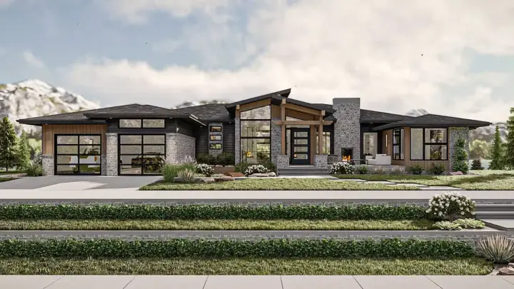 Contemporary house plans 52-692 - front exterior, 2,623 sq ft, 3 bed, 2 bath house plans | Monster House Plans