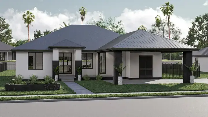 Modern house plans 52-698 - front exterior, 1,810 sq ft, 3 bed, 2 bath house plans | Monster House Plans