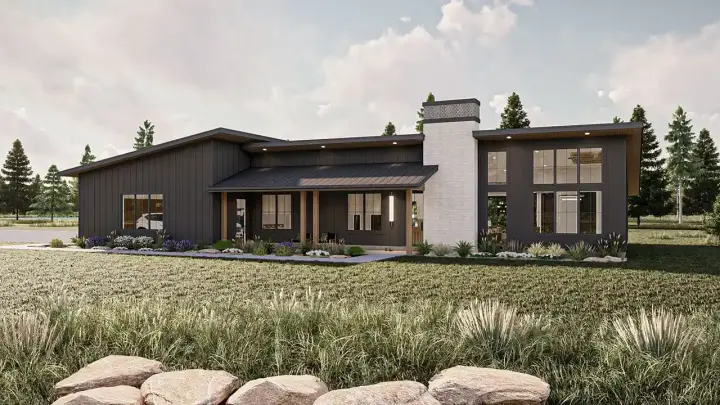 Contemporary house plans 52-702 - front exterior, 1,706 sq ft, 3 bed, 2 bath house plans | Monster House Plans