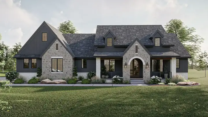 New American house plans 52-703 - front exterior, 2,643 sq ft, 3 bed, 2 bath house plans | Monster House Plans