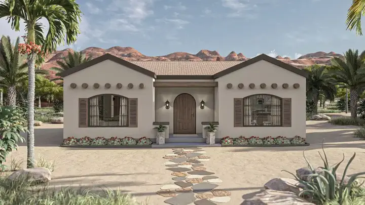 Southwest house plans 52-733 - front exterior, 834 sq ft, 1 bed, 1 bath house plans | Monster House Plans
