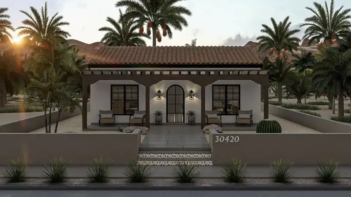 Southwest house plans 52-735 - front exterior, 690 sq ft, 1 bed, 1 bath house plans | Monster House Plans