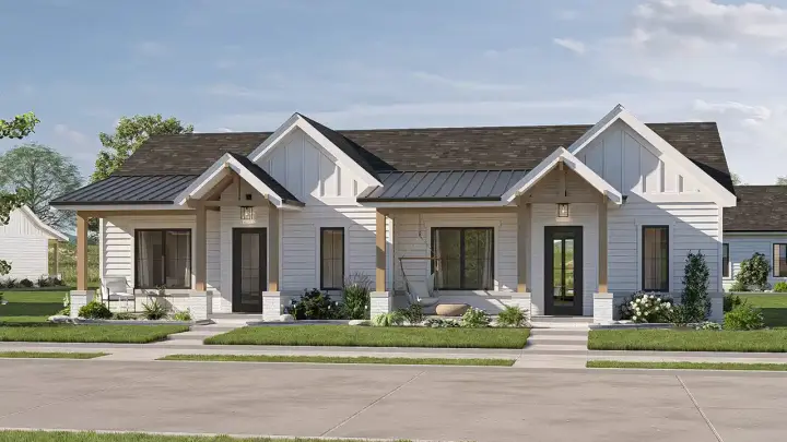 Modern Farmhouse house plans 52-752 - front exterior, 1,302 sq ft, 2 bed, 2 bath house plans | Monster House Plans