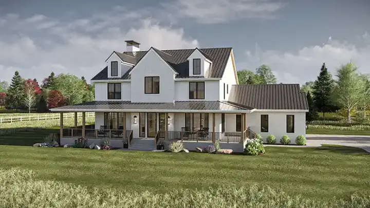 Modern Farmhouse house plans 52-770 - front exterior, 3,684 sq ft, 4 bed, 4 bath house plans | Monster House Plans