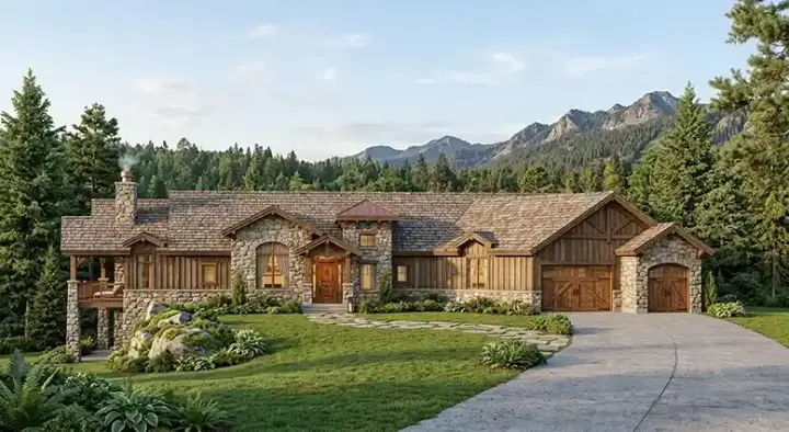 Mountain Rustic house plans 53-157 - front exterior, 2,378 sq ft, 2 bed, 2 bath house plans | Monster House Plans