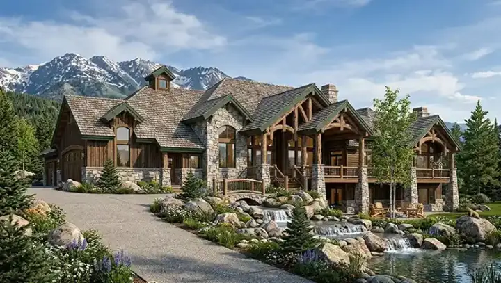 Mountain Rustic house plans 53-221 - front exterior, 3,102 sq ft, 2 bed, 2 bath house plans | Monster House Plans