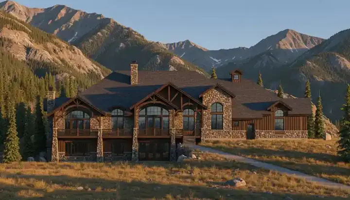 Mountain Rustic house plans 53-223 - front exterior, 3,117 sq ft, 2 bed, 3 bath house plans | Monster House Plans