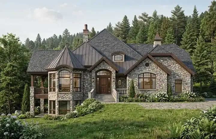 European house plans 53-230 - front exterior, 3,449 sq ft, 2 bed, 2 bath house plans | Monster House Plans
