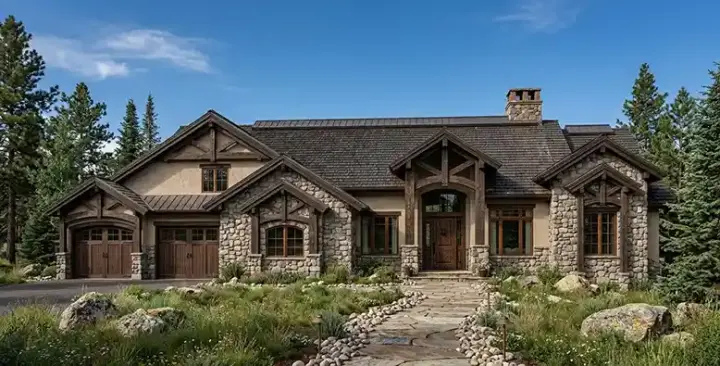 Mountain Rustic house plans 53-236 - front exterior, 4,356 sq ft, 3 bed, 2 bath house plans | Monster House Plans