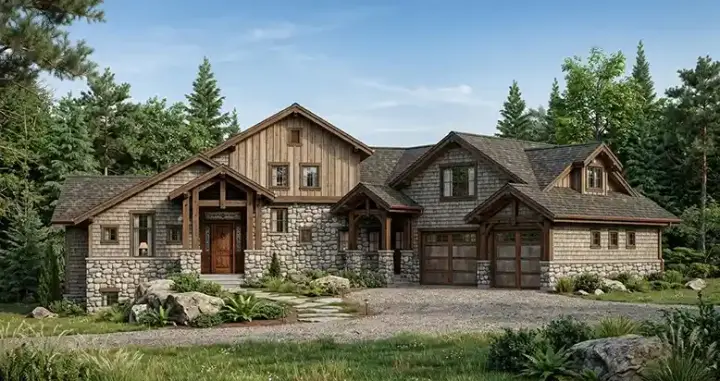Mountain Rustic house plans 53-274 - front exterior, 3,375 sq ft, 3 bed, 3 bath house plans | Monster House Plans