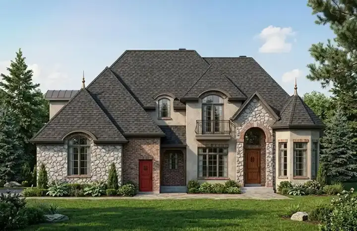 European house plans 53-286 - front exterior, 3,526 sq ft, 3 bed, 2 bath house plans | Monster House Plans