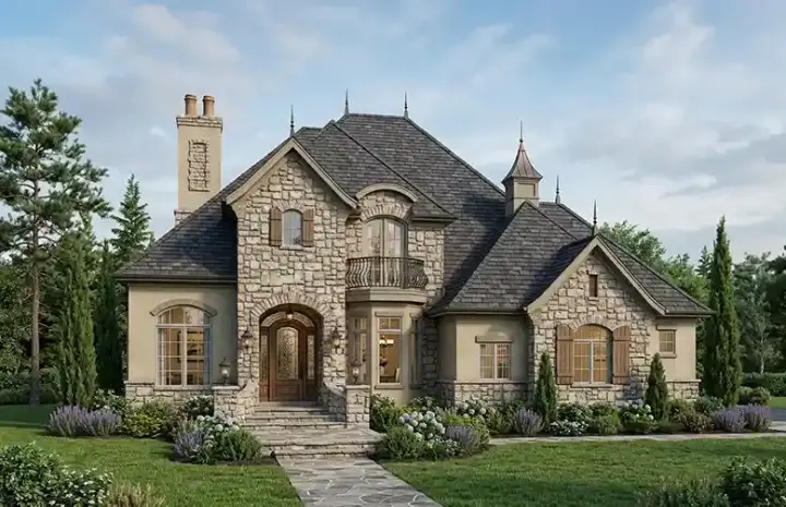 European house plans 53-288 - front exterior, 3,655 sq ft, 4 bed, 2 bath house plans | Monster House Plans