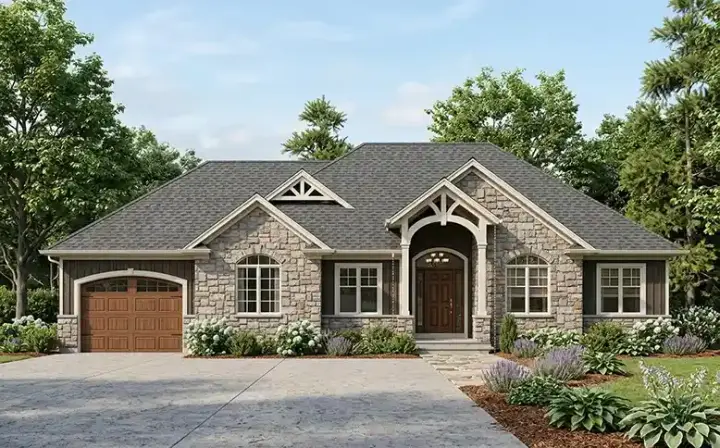 Mountain Rustic house plans 53-343 - front exterior, 1,636 sq ft, 3 bed, 2 bath house plans | Monster House Plans