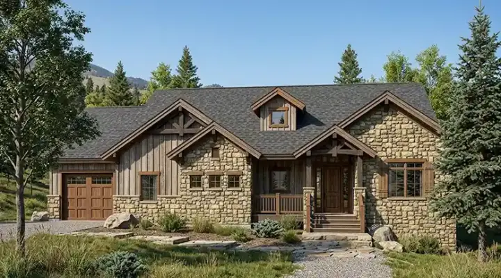 Mountain Rustic house plans 53-348 - front exterior, 1,855 sq ft, 2 bed, 2 bath house plans | Monster House Plans