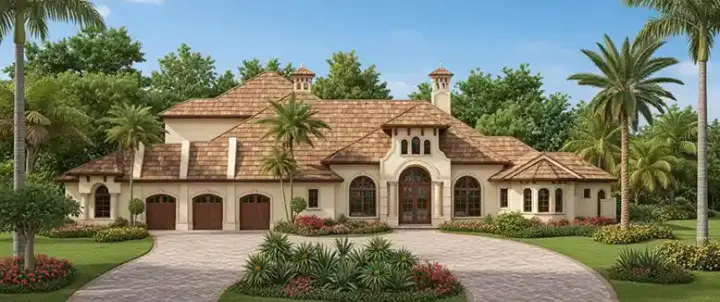Mediterranean house plans 55-141 - front exterior, 4,403 sq ft, 5 bed, 5 bath house plans | Monster House Plans