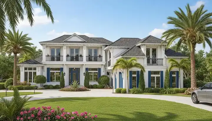 Coastal house plans 55-238 - front exterior, 7,592 sq ft, 6 bed, 6 bath house plans | Monster House Plans