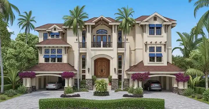 Coastal house plans 55-242 - front exterior, 6,189 sq ft, 4 bed, 4 bath house plans | Monster House Plans