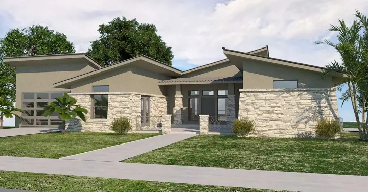 Contemporary house plans 59-132 - front exterior, 1,977 sq ft, 2 bed, 2 bath house plans | Monster House Plans
