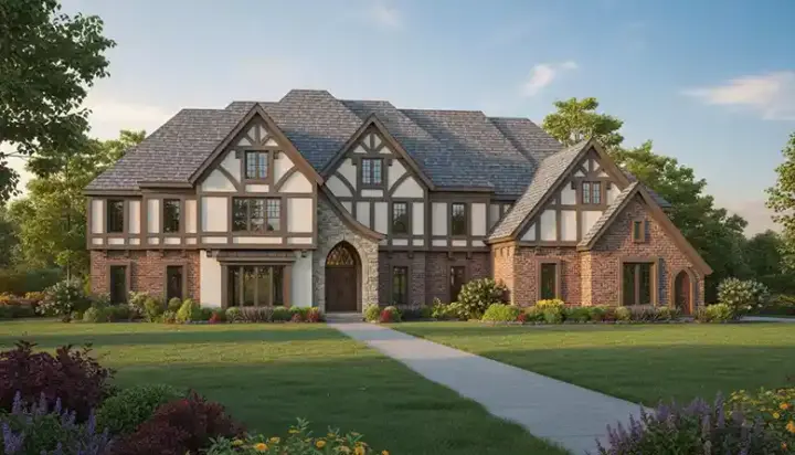 Tudor house plans 6-1291 - front exterior, 6,758 sq ft, 6 bed, 6 bath house plans | Monster House Plans