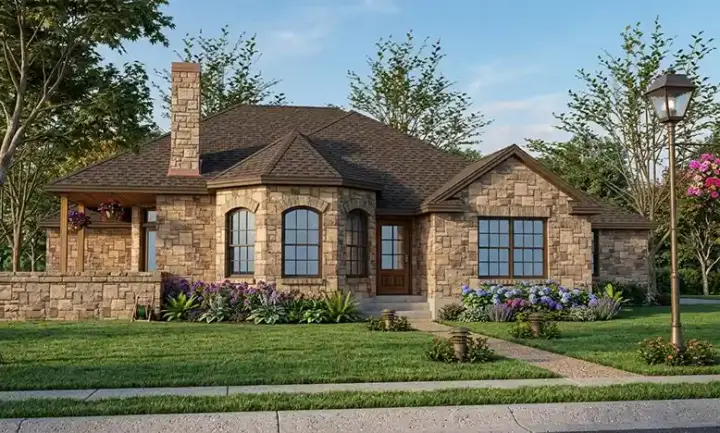 Mediterranean house plans 61-128 - front exterior, 1,512 sq ft, 4 bed, 2 bath house plans | Monster House Plans