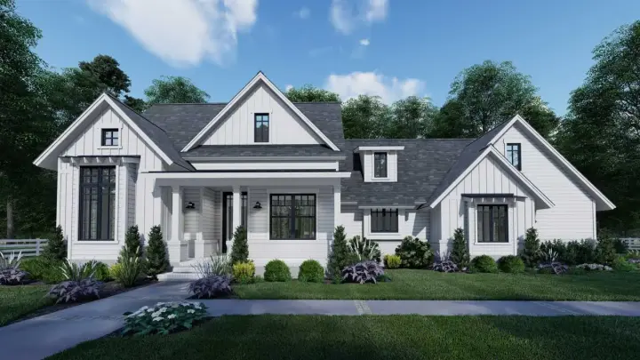Modern Farmhouse house plans 61-212 - front exterior, 1,486 sq ft, 3 bed, 2 bath house plans | Monster House Plans