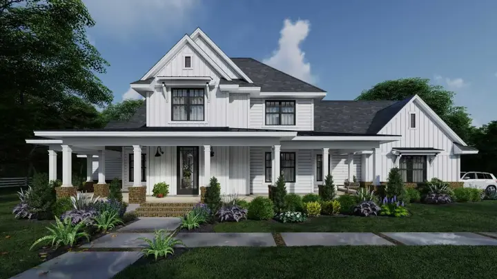 Modern Farmhouse house plans 61-217 - front exterior, 2,829 sq ft, 4 bed, 3 bath house plans | Monster House Plans