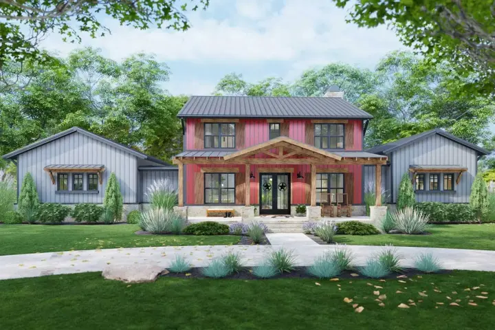 Barndominium house plans 61-226 - front exterior, 3,177 sq ft, 4 bed, 3 bath house plans | Monster House Plans