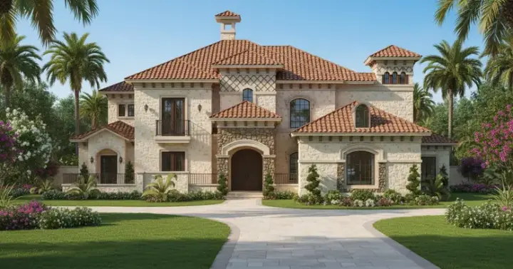 Mediterranean house plans 62-373 - front exterior, 4,621 sq ft, 4 bed, 4 bath house plans | Monster House Plans